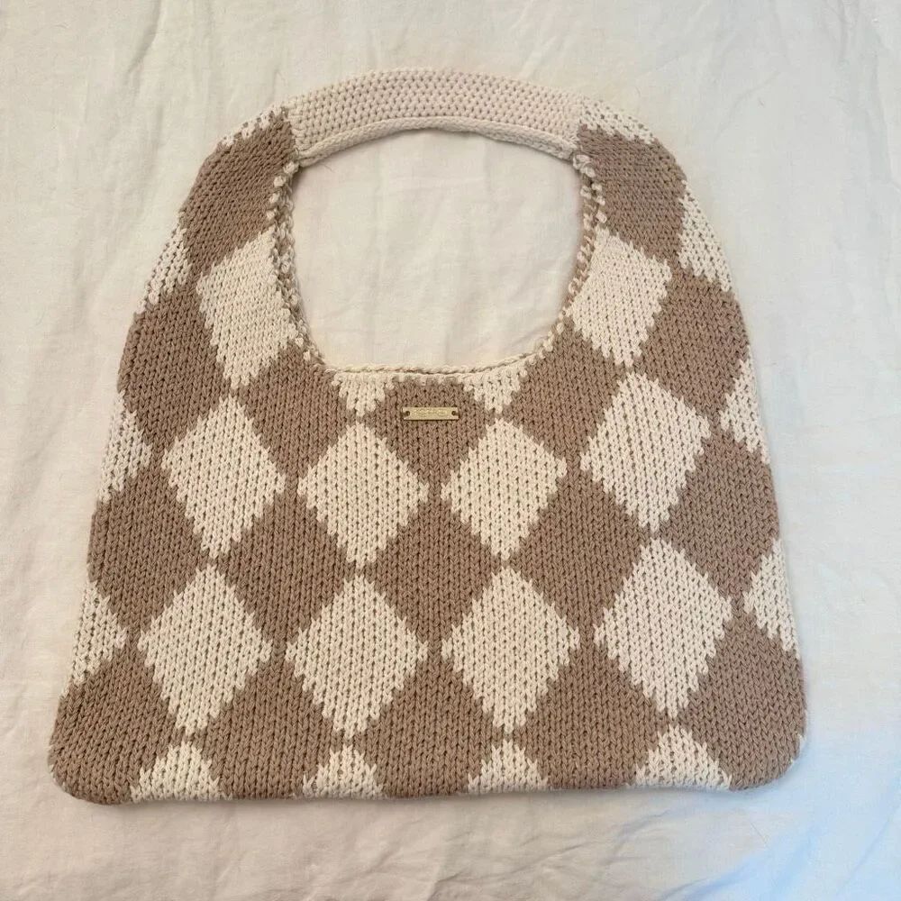 NWT Kopari Limited Edition Checkered Knit Tan Cream Tote Shoulder Handbag